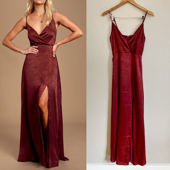 Burgundy Satin Maxi Dress Small - Picture 1 of 8